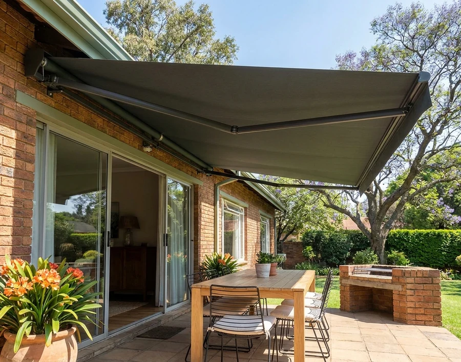Charcoal folding-arm awning bracketed to the face-brick wall above sliding doors, extended over a Morningside patio with a brick braai and a jacaranda in flower