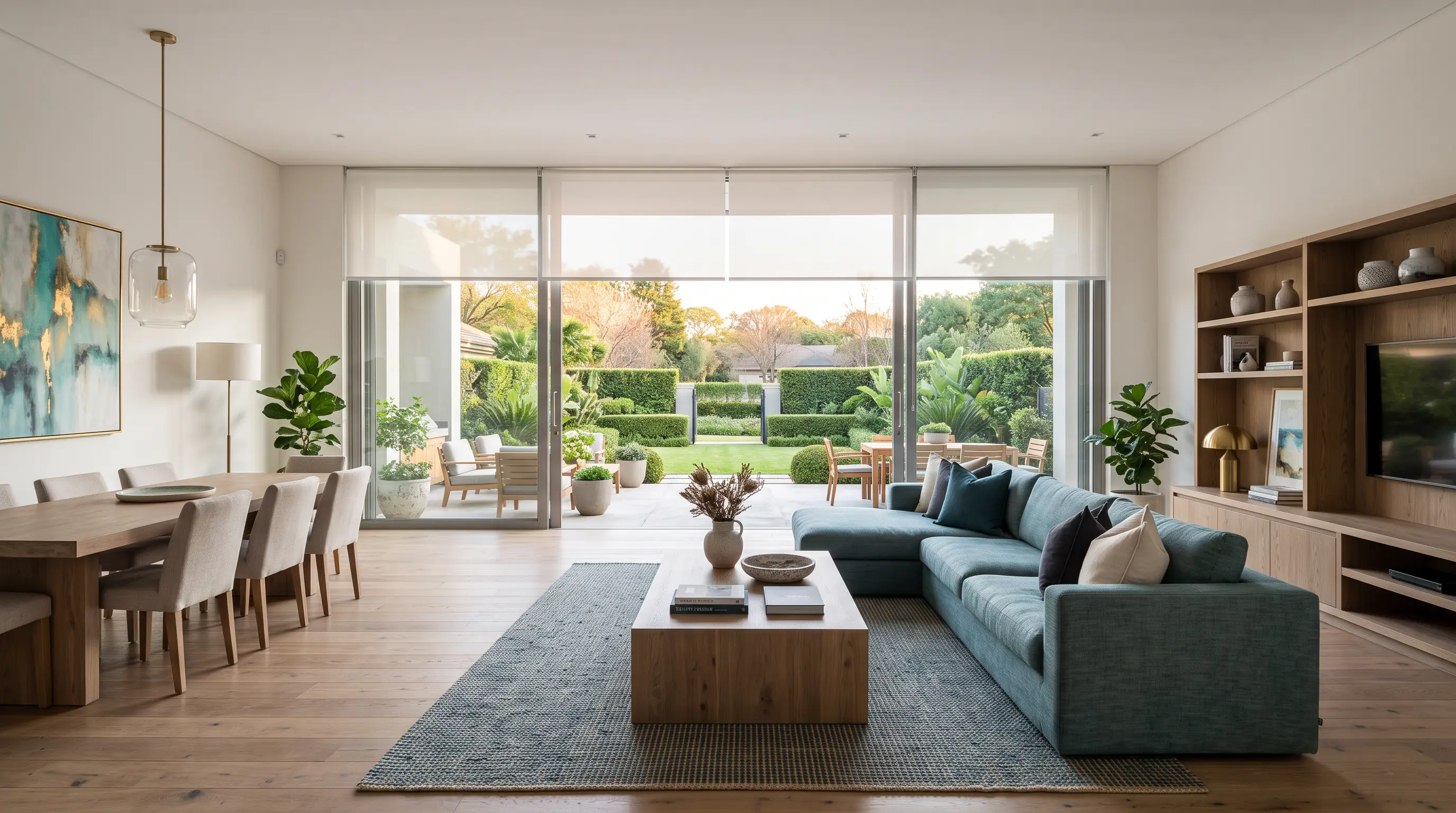 Open-plan Morningside living room with sunscreen roller blinds half-raised over full-height glass doors onto a hedged garden