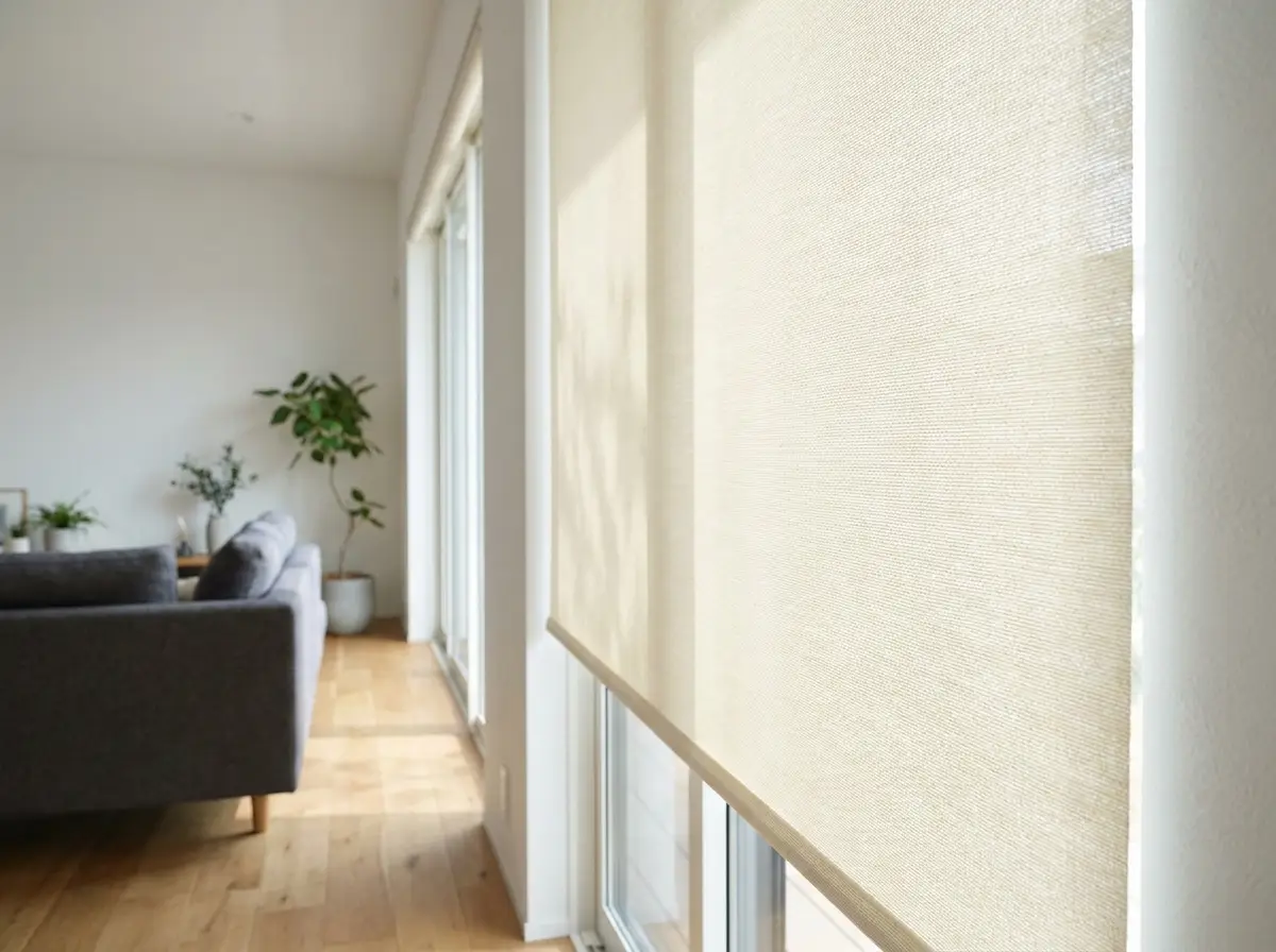 Close-up of a cream sunscreen roller blind fabric lowered over a large window in a Morningside living room