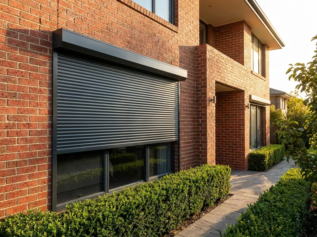 Charcoal aluminium roller shutter fully closed over a ground-floor window at a face-brick Morningside home
