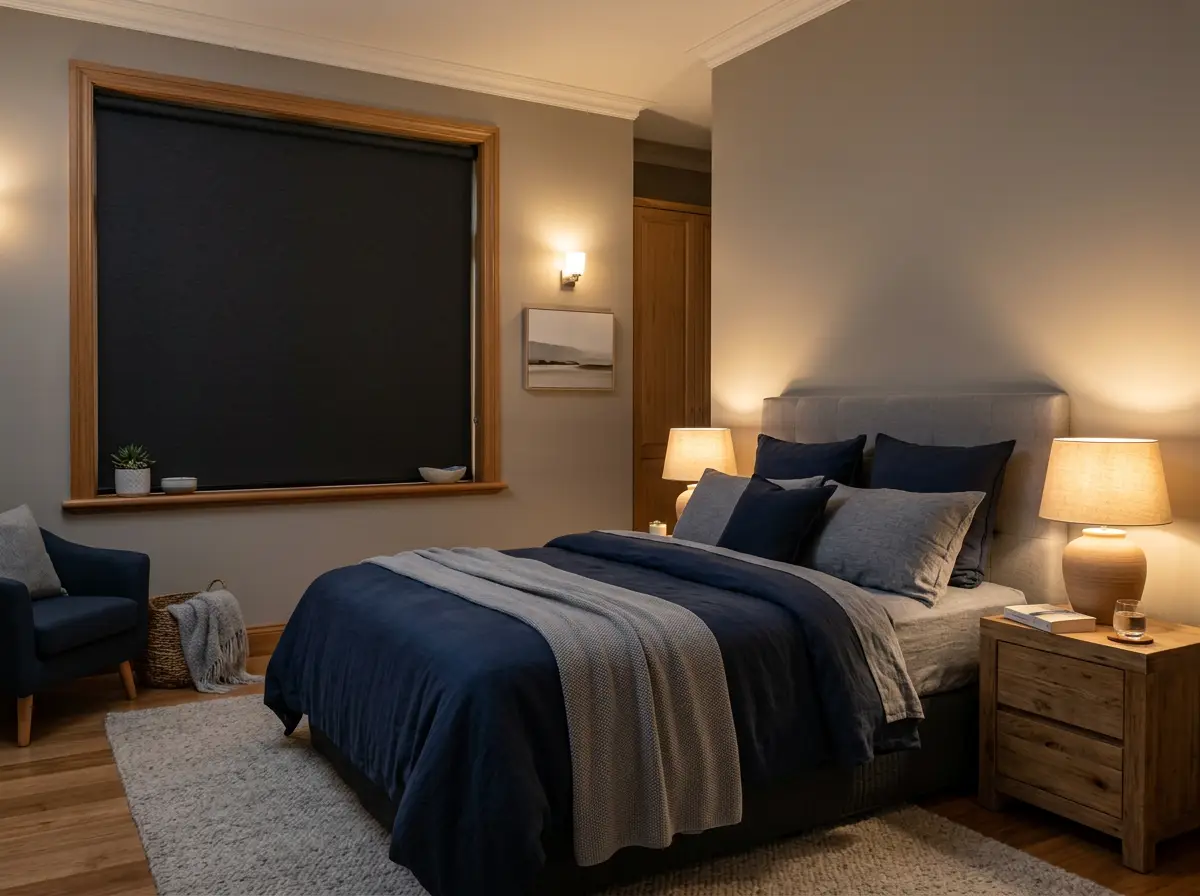 Guest bedroom in a Morningside security-estate home fitted with a charcoal blockout roller blind, navy and grey palette
